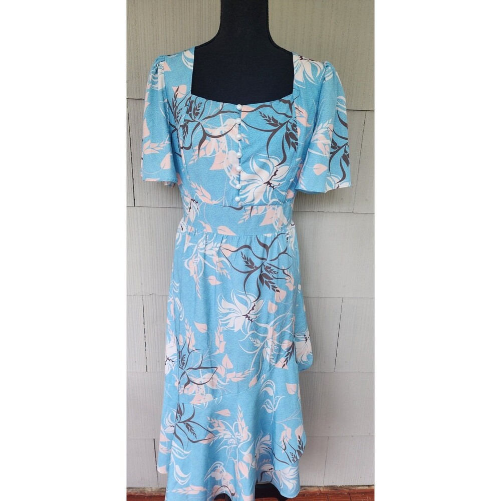 Floral Aqua Blue And White Dress Polyester Dress Women's Size Large L Flowy